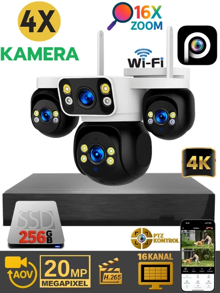 XCAMPRO 4 Kameralı 20MP NVR Güvenlik Kamerası Seti (256GB SSD Dahil) – 4K AOV PTZ Kontrol 7/24 Kayıt
