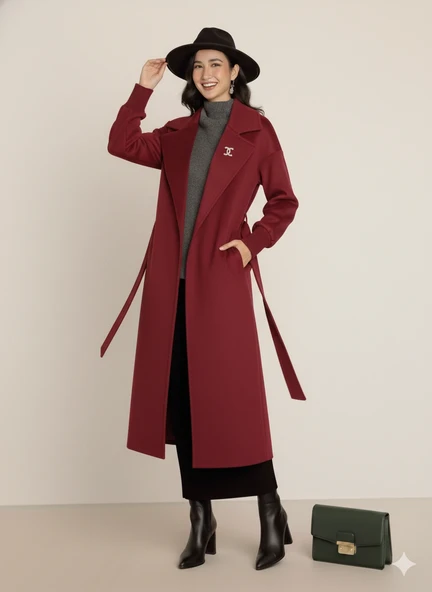 Kadın Siyah Kaşe Uzun Kaban Maksi Boy Palto Geniş Yakalı Düz ​​Kesim Kışlık - Resim 10