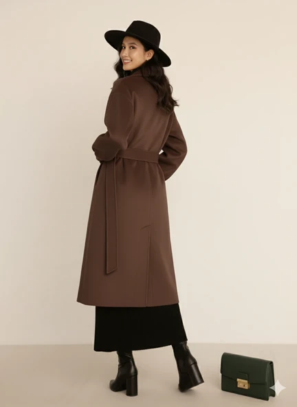 Kadın Siyah Kaşe Uzun Kaban Maksi Boy Palto Geniş Yakalı Düz ​​Kesim Kışlık - Resim 4