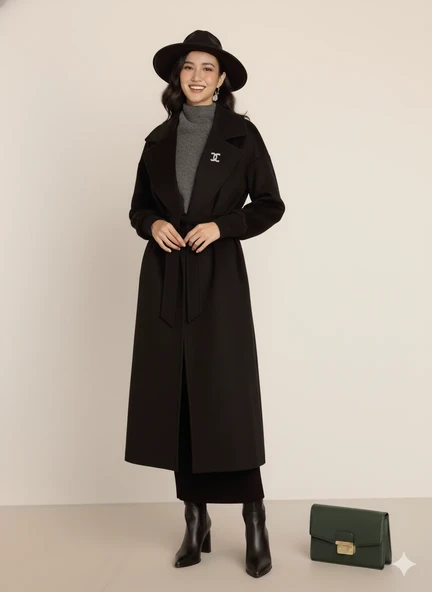 Kadın Siyah Kaşe Uzun Kaban Maksi Boy Palto Geniş Yakalı Düz ​​Kesim Kışlık - Resim 5