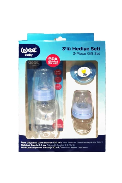 Wee Baby 3’lü Set Cam Biberon 120ml + Emzik + Cam Alıştırma Bardağı 30 ml - Mavi ürün görseli
