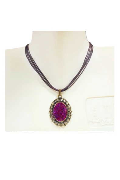 Mor Papatya Figür Antik Bakır Çiçek Modelli Metal Simli Şık Epoksi Tasarım Kolye