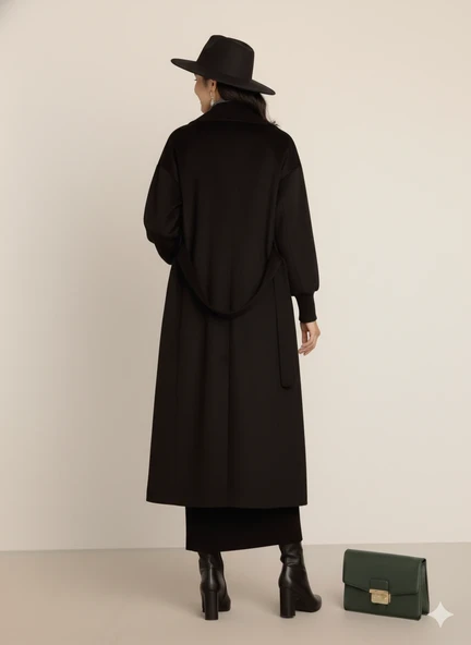 Kadın Siyah Kaşe Uzun Kaban Maksi Boy Palto Geniş Yakalı Düz ​​Kesim Kışlık - Resim 8