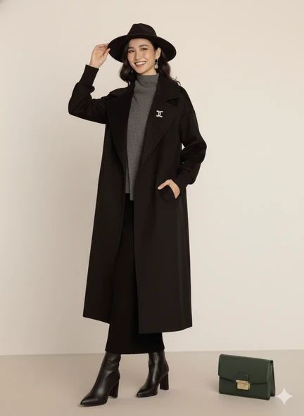 Kadın Siyah Kaşe Uzun Kaban Maksi Boy Palto Geniş Yakalı Düz ​​Kesim Kışlık - Resim 6