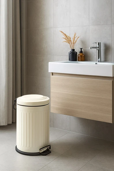 Vintage 12 Lt Yavaş Kapanır Kapaklı Ofis Mutfak Banyo Balkon Çöp Kovası Krem ürün görseli