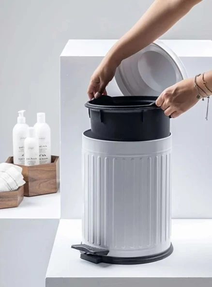 Vintage 16 Lt Yavaş Kapanır Kapaklı Ofis Mutfak Banyo Balkon Çöp Kovası Beyaz - Resim 3