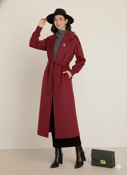 Kadın Siyah Kaşe Uzun Kaban Maksi Boy Palto Geniş Yakalı Düz ​​Kesim Kışlık - Resim 11