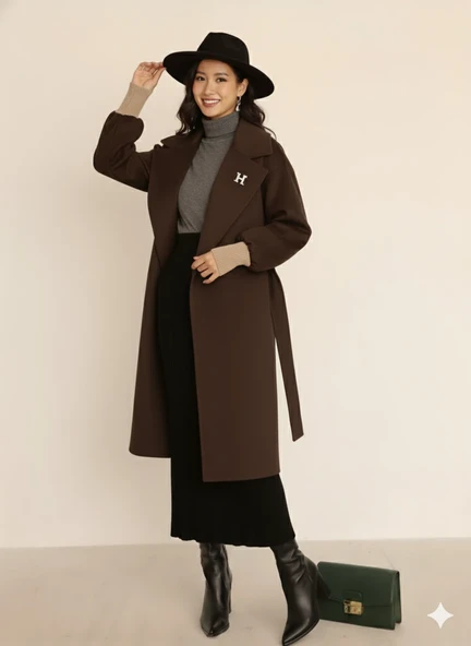 Kadın Siyah Kaşe Uzun Kaban Maksi Boy Palto Geniş Yakalı Düz ​​Kesim Kışlık - Resim 3