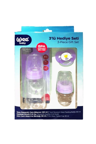 Wee Baby 3’lü Set Cam Biberon 120ml + Emzik + Cam Alıştırma Bardağı 30 ml Pembe ürün görseli