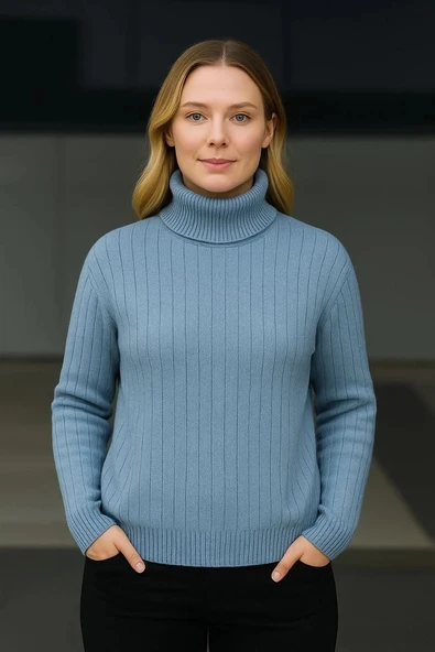 Kadın Balıkcı Yaka Bağazlı Triko Kazak Pamuklu Kalın Fitilli Dokuma - Bebek Mavisi - Resim 3