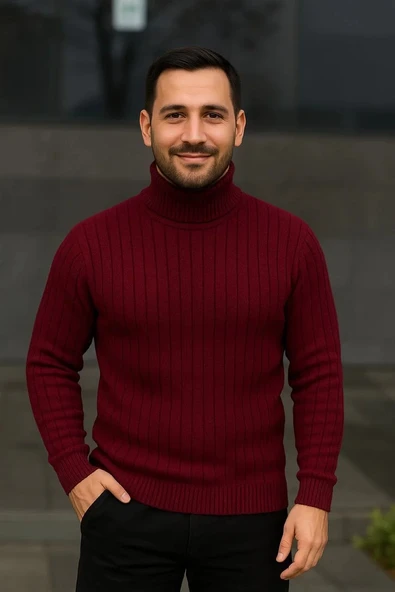 Erkek Balıkcı Yaka Bağazlı Triko Kazak Pamuklu Kalın Fitilli Dokuma, Regular Fit Uzun Kollu Kışlık Model - Bordo - Resim 3