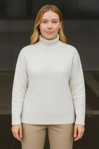 Kadın Balıkcı Yaka Bağazlı Triko Kazak Pamuklu Kalın Fitilli Dokuma - Beyaz - 3