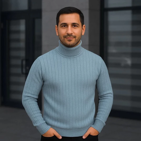 Erkek Balıkcı Yaka Bağazlı Triko Kazak Pamuklu Kalın Fitilli Dokuma, Regular Fit Uzun Kollu Kışlık Model - Bebe Mavisi ürün görseli 1