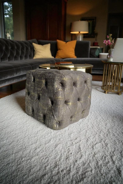 VISIONARIO Küp Puf - BEST İthal Kadife Babyface Kumaş Varak Baskı - Modern Ve Şık Oturma Dekoratif Puf&Bench ürün görseli