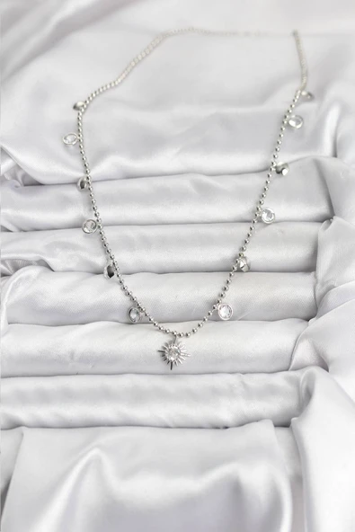 Zirkon Taşlı Kutup Yıldızı Model Pirinç Gümüş Renk Kadın Ke - Resim 2