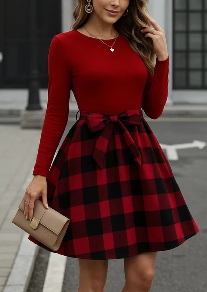 MDB Kadın Uzun Kollu Bisiklet Yaka üst Viskon Alt Ekose Kısa Elbise - Resim 3