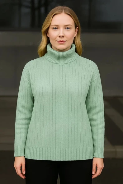 Kadın Balıkcı Yaka Bağazlı Triko Kazak Pamuklu Kalın Fitilli Dokuma - Mint Yeşili - 2