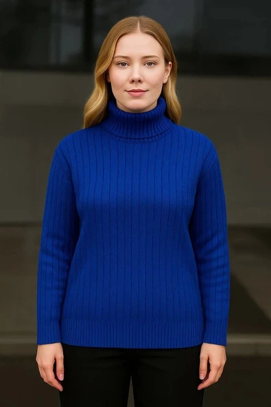 Kadın Balıkcı Yaka Bağazlı Triko Kazak Pamuklu Kalın Fitilli Dokuma - Saks Mavisi - 2