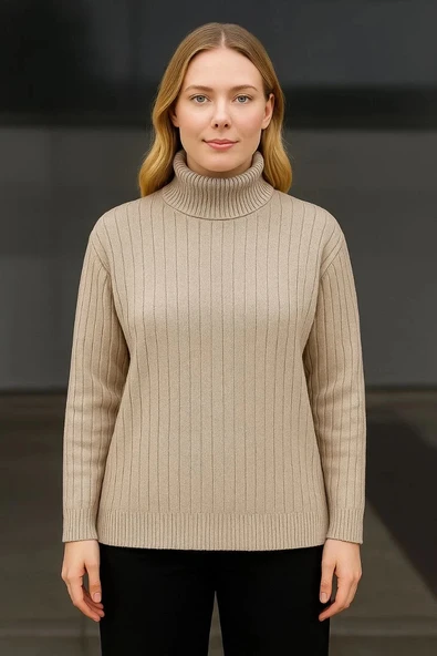 Kadın Balıkcı Yaka Bağazlı Triko Kazak Pamuklu Kalın Fitilli Dokuma - Bej - 2