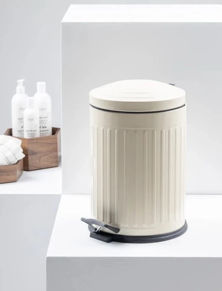 Vintage 5 Lt Yavaş Kapanır Kapaklı Ofis Mutfak Banyo Balkon Çöp Kovası Krem ürün görseli