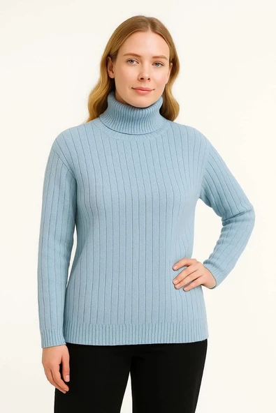 Kadın Balıkcı Yaka Bağazlı Triko Kazak Pamuklu Kalın Fitilli Dokuma - Bebek Mavisi - Resim 2