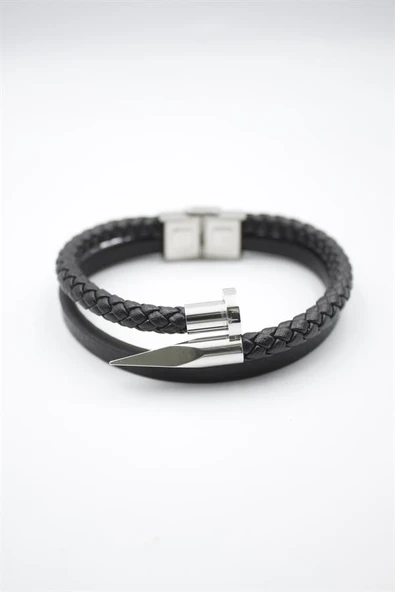 Deri Çivi Bileklik - Gümüş - 2