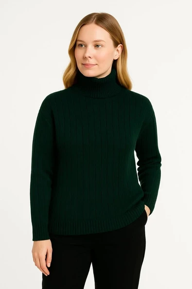 Kadın Balıkcı Yaka Bağazlı Triko Kazak Pamuklu Kalın Fitilli Dokuma - Haki