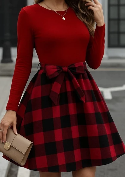 MDB Kadın Uzun Kollu Bisiklet Yaka üst Viskon Alt Ekose Kısa Elbise - Resim 2