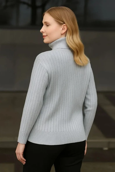 Kadın Balıkcı Yaka Bağazlı Triko Kazak Pamuklu Kalın Fitilli Dokuma - Gri - 2