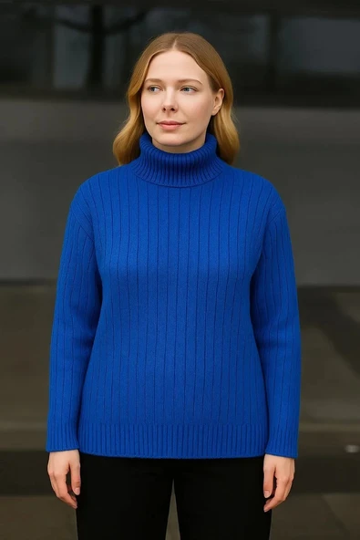 Kadın Balıkcı Yaka Bağazlı Triko Kazak Pamuklu Kalın Fitilli Dokuma - Saks Mavisi - 3