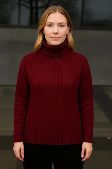 Kadın Balıkcı Yaka Bağazlı Triko Kazak Pamuklu Kalın Fitilli Dokuma - Bordo - 2