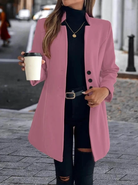 MDB Kadın Uzun Kollu Kırlangıç Yaka önden Düğmeli Kısa Kaşe Kaban - 5