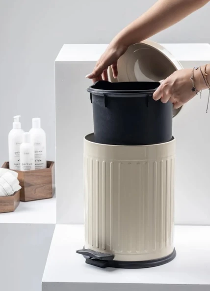 Vintage 5 Lt Yavaş Kapanır Kapaklı Ofis Mutfak Banyo Balkon Çöp Kovası Krem - Resim 4