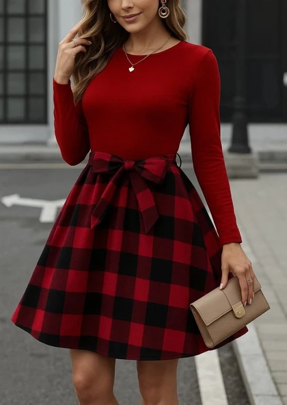 MDB Kadın Uzun Kollu Bisiklet Yaka üst Viskon Alt Ekose Kısa Elbise ürün görseli 1