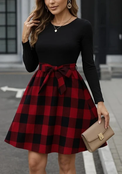 MDB Kadın Uzun Kollu Bisiklet Yaka üst Viskon Alt Ekose Kısa Elbise ürün görseli 1