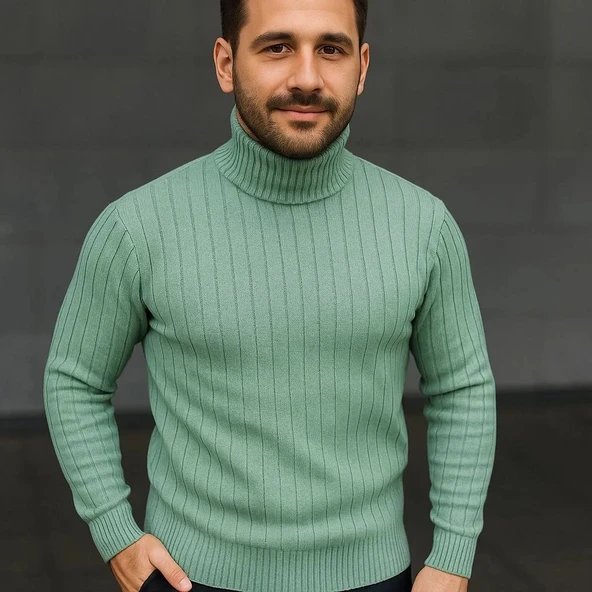 Erkek Balıkcı Yaka Bağazlı Triko Kazak Pamuklu Kalın Fitilli Dokuma, Regular Fit Uzun Kollu Kışlık Model - Mint Yeşili - Resim 2