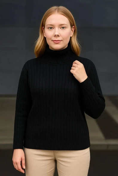 Kadın Balıkcı Yaka Bağazlı Triko Kazak Pamuklu Kalın Fitilli Dokuma - Siyah - 2