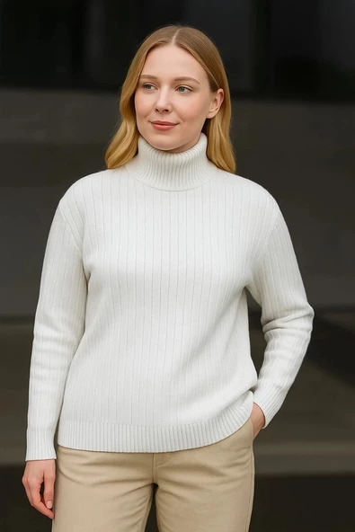 Kadın Balıkcı Yaka Bağazlı Triko Kazak Pamuklu Kalın Fitilli Dokuma - Beyaz - 2