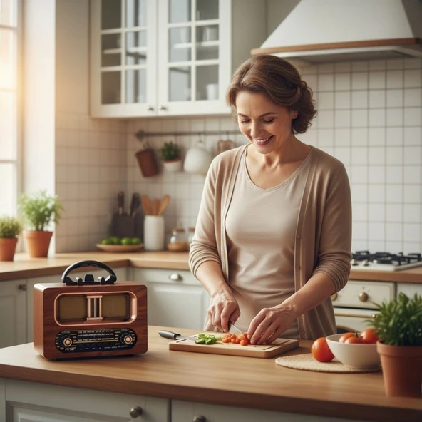 Büyük Boy Retro, Nostaljik, Ahşap Tasarım Bluetooth Hoparlörlü, Şarjlı, Taşınabilir FM/AM Destekli Radyo NS-6635 (5365) - Resim 2