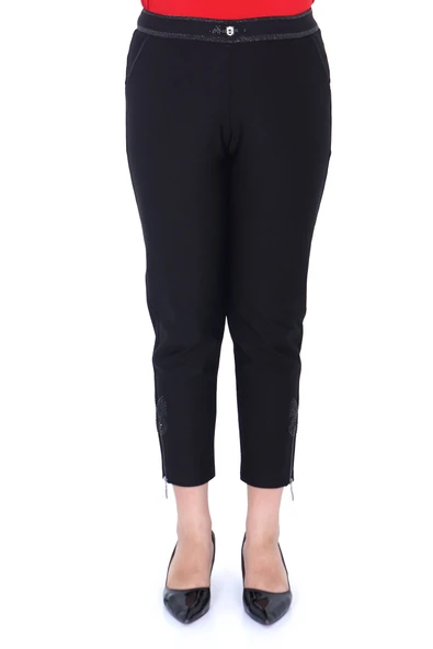 Ekstra Battal Dar Paça Toparlayıcı Yüksek Belli Paçası Kelebek İşleme Beli Lastikli Kadın Pantolon - Resim 2