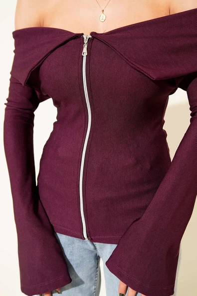 Omzu Açık Fermuarlı Bluz Mürdüm T4330 - Resim 3