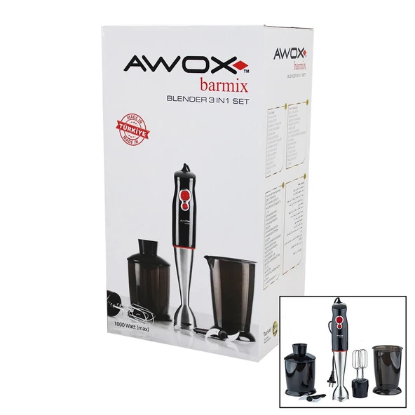 AWOX BARMİX  3İN1  BLENDER SETİ  ÇELİK 2Lİ MİKSER   ÇELİK RONDO BIÇAK   ÇELİK 4 KANATLI BIÇAK   1000W (5365) ürün görseli