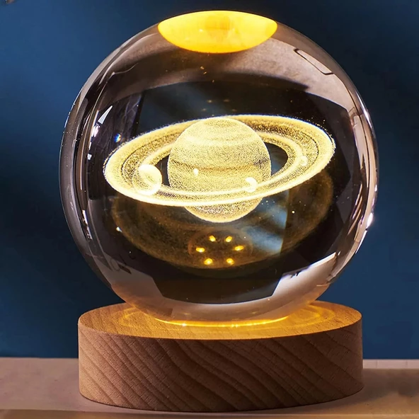 Dekoratif Satürn Tasarımlı Ahşap Altlıklı Işıklı Cam Küre Cam:6cm Ahşap:2cm ürün görseli 1