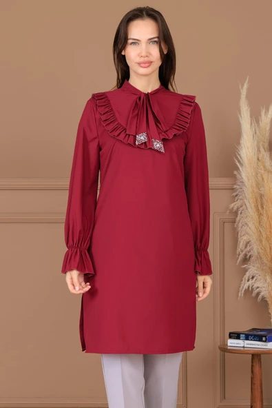 Asel Tunik Pantolon İkili Tesettür Takım Bordo - Resim 2