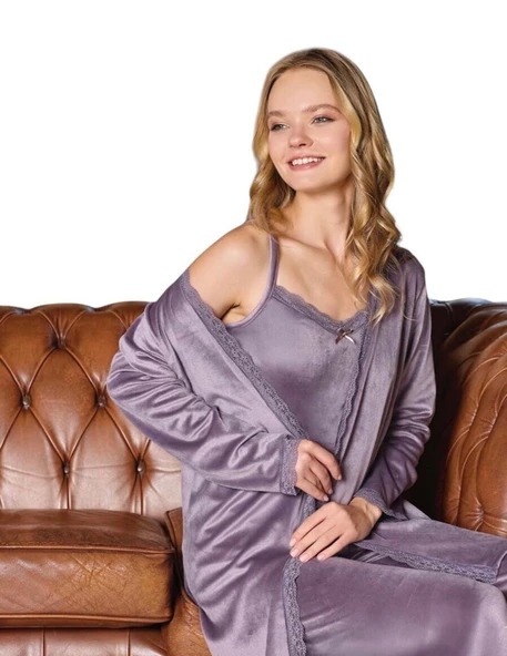 Modalove Kadın 3 Lü Sabahlıklı Fransız Kadife Pijama Takımı - 4
