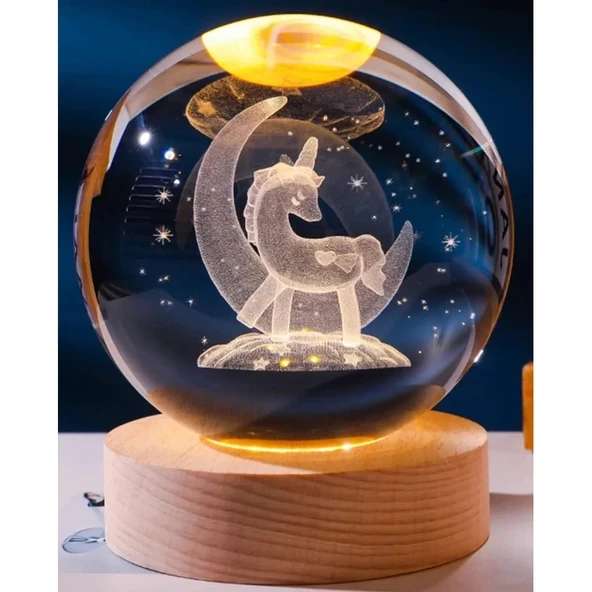 Dekoratif Ay İçinde Unicorn Tasarımlı Ahşap Altlıklı Işıklı Cam Küre Cam:8cm Ahşap:2cm Büyük Boy ürün görseli 1