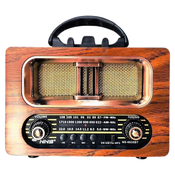 Büyük Boy Retro, Nostaljik, Ahşap Tasarım Bluetooth Hoparlörlü, Şarjlı, Taşınabilir FM/AM Destekli Radyo NS-6635 (5365) - Resim 3