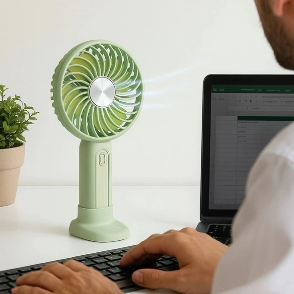 Masa Üstü Standlı USB ile Şarj Olabilen 3 Ayarlı Fan Modlu Çanta Tipi El Fanı (5365)