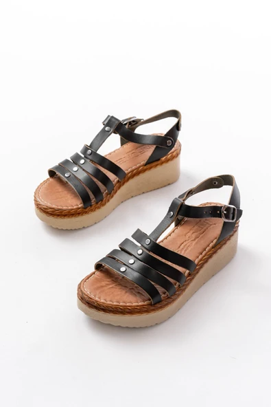 730-142 Siyah Hakiki Deri Ortopedik Taban Kadın Sandalet - Resim 5