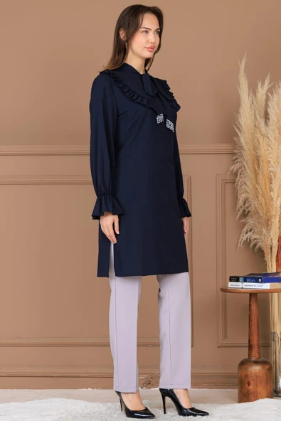 Asel Tunik Pantolon İkili Tesettür Takım Lacivert - Resim 3